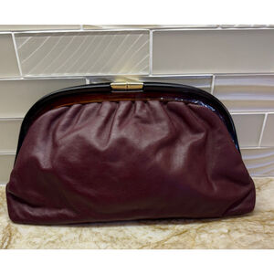 Vintage Italian Burgundy Leather Clutch, tortoise lucite bag frame.